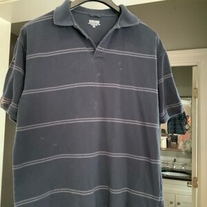 Big creek Men's Navy Striped Polo Shirt spot on front size CL. SKU 2696